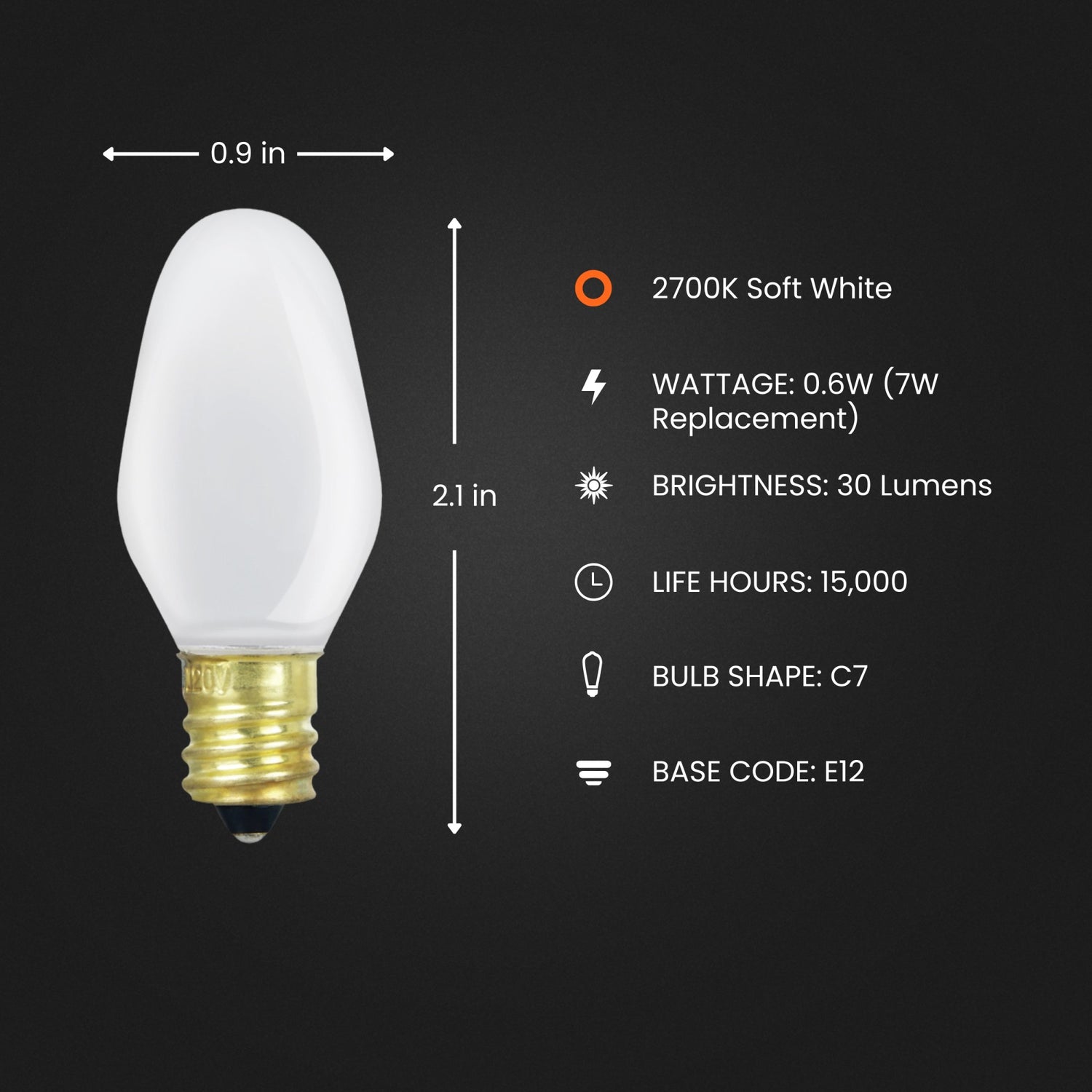 0.6W (7W Replacement) Soft White (2700K) E12 Base C7 Dimmable White LED Night Light Bulbs (2-Pack )