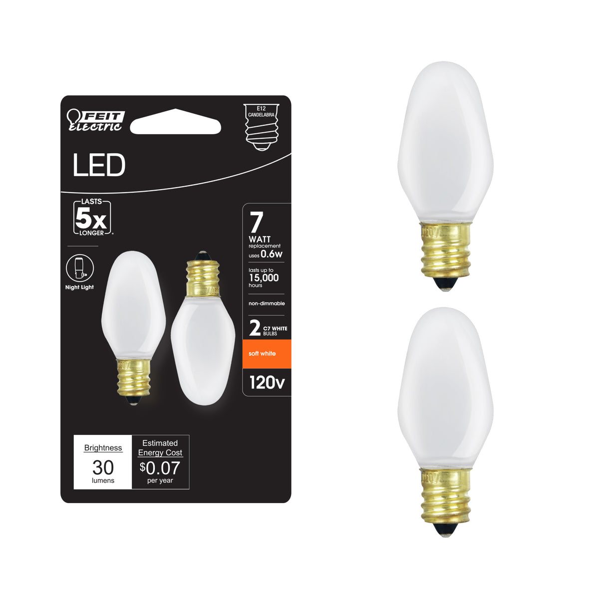 0.6W (7W Replacement) Soft White (2700K) E12 Base C7 Dimmable White LED Night Light Bulbs (2-Pack )