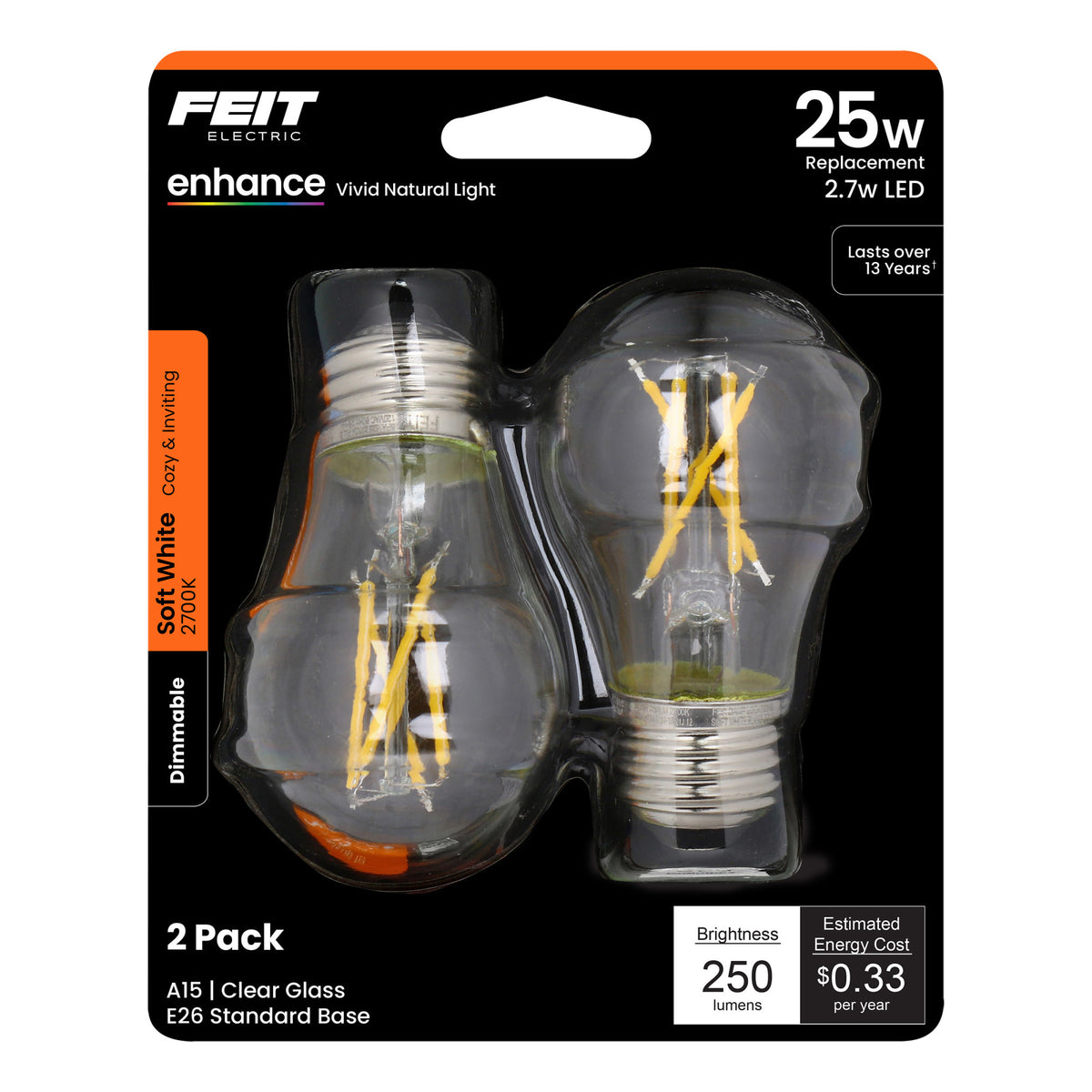 2.7W (25W Replacement) Soft White (2700K) E26 Base A15 Dimmable Clear Filament LED Bulb (2-Pack)