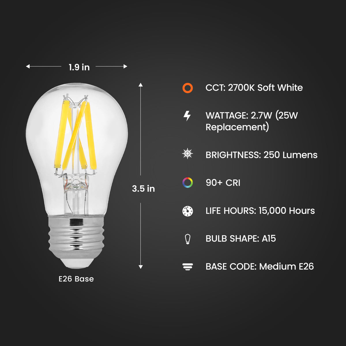 2.7W (25W Replacement) Soft White (2700K) E26 Base A15 Dimmable Clear Filament LED Bulb (2-Pack)