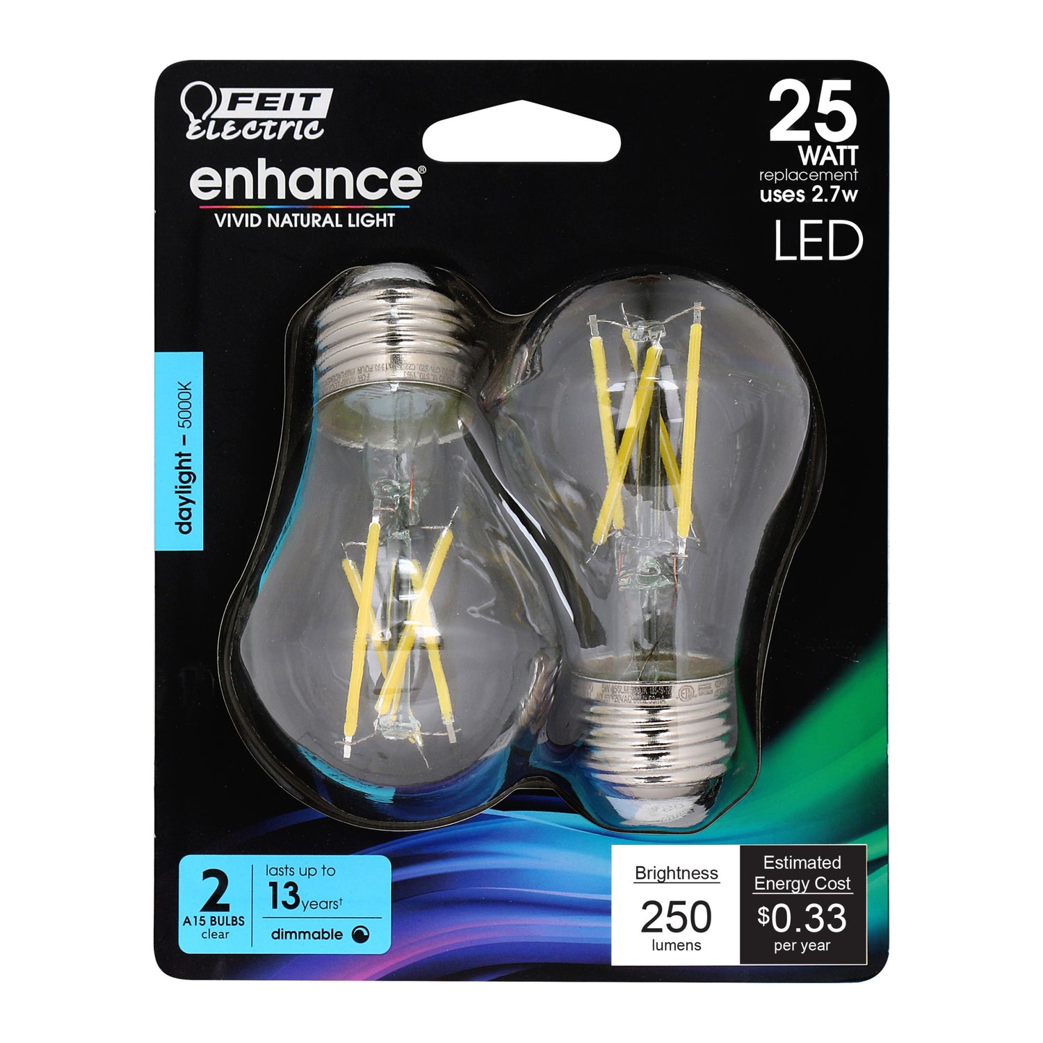 2.7W (25W Replacement) Daylight (5000K) E26 Base A15 Enhance Filament LED Light Bulb (2-Pack)