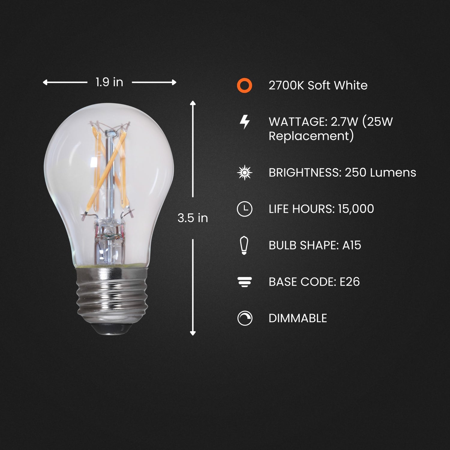 2.7W (25W Replacement) Soft White (2700K) E26 Base A15 Clear Filament LED Appliance Light Bulb