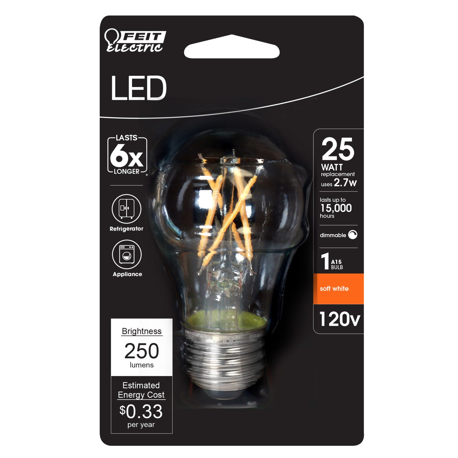 2.7W (25W Replacement) Soft White (2700K) E26 Base A15 Clear Filament LED Appliance Light Bulb