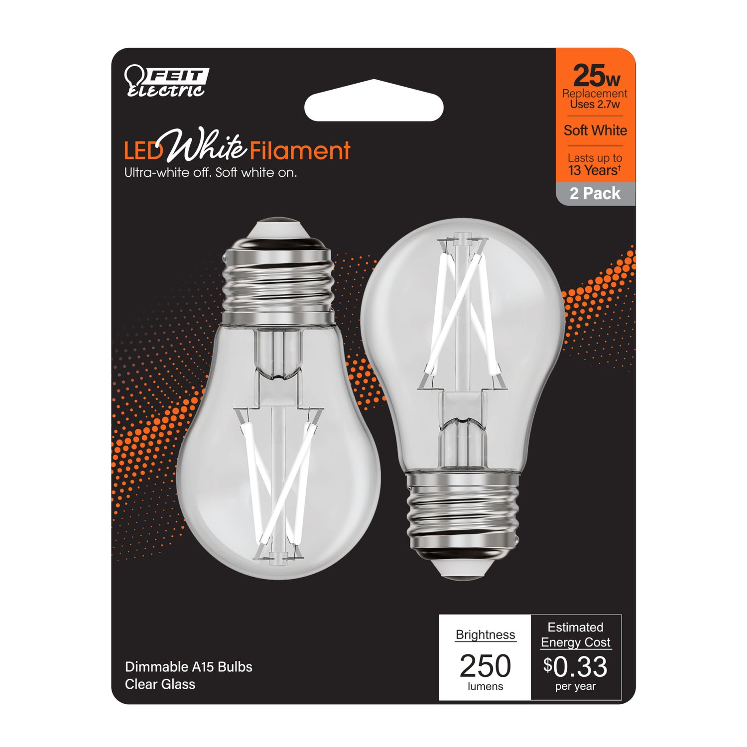 2.7W (25W Equivalent) Soft White (2700K) A15 E26 Base Exposed White Filament LED Light Bulb (2-Pack)