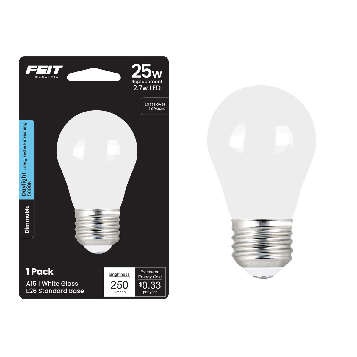 2.7W (25W Equivalent) Daylight (5000K) A15 Dimmable White Glass Enhance Light Bulb