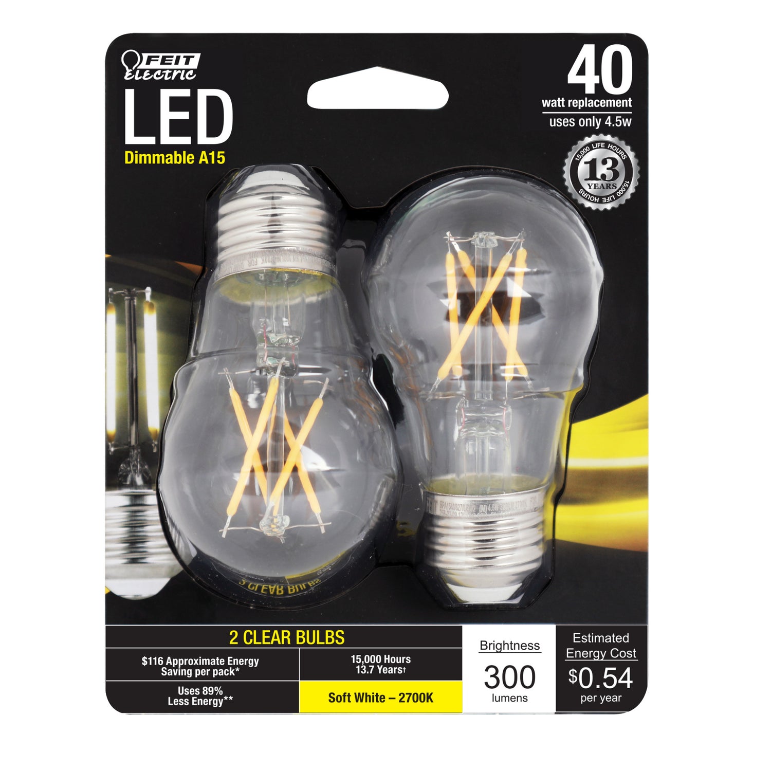 40W Replacement A15 Dimmable Soft White Glass Filament (2-Pack)