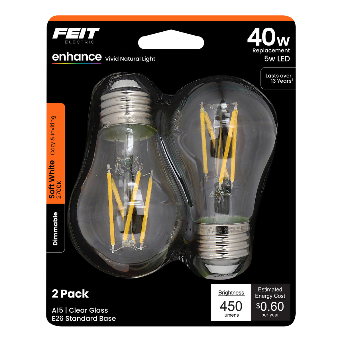 40W Replacement A15 Dimmable Soft White Glass Filament Enhance (2-Pack)