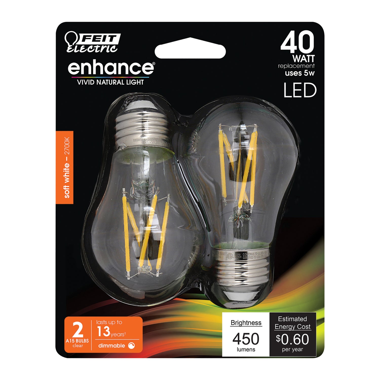 40W Replacement A15 Dimmable Soft White Glass Filament Enhance (2-Pack)