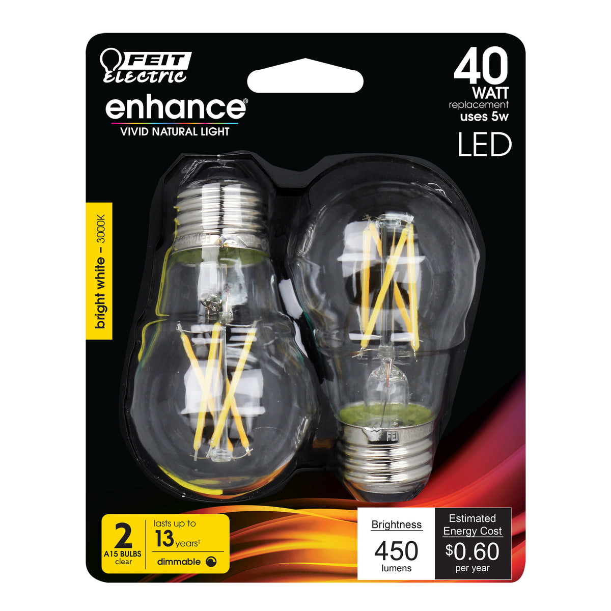 5W (40W Replacement) Bright White (3000K) E26 Base A15 Filament LED Bulb (2-Pack)