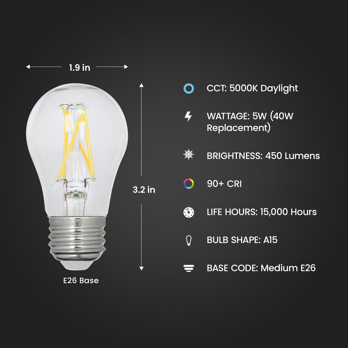 5W (40Watt Replacement) Daylight (5000K) A15 Dimmable Glass Filament Enhance (2-Pack)