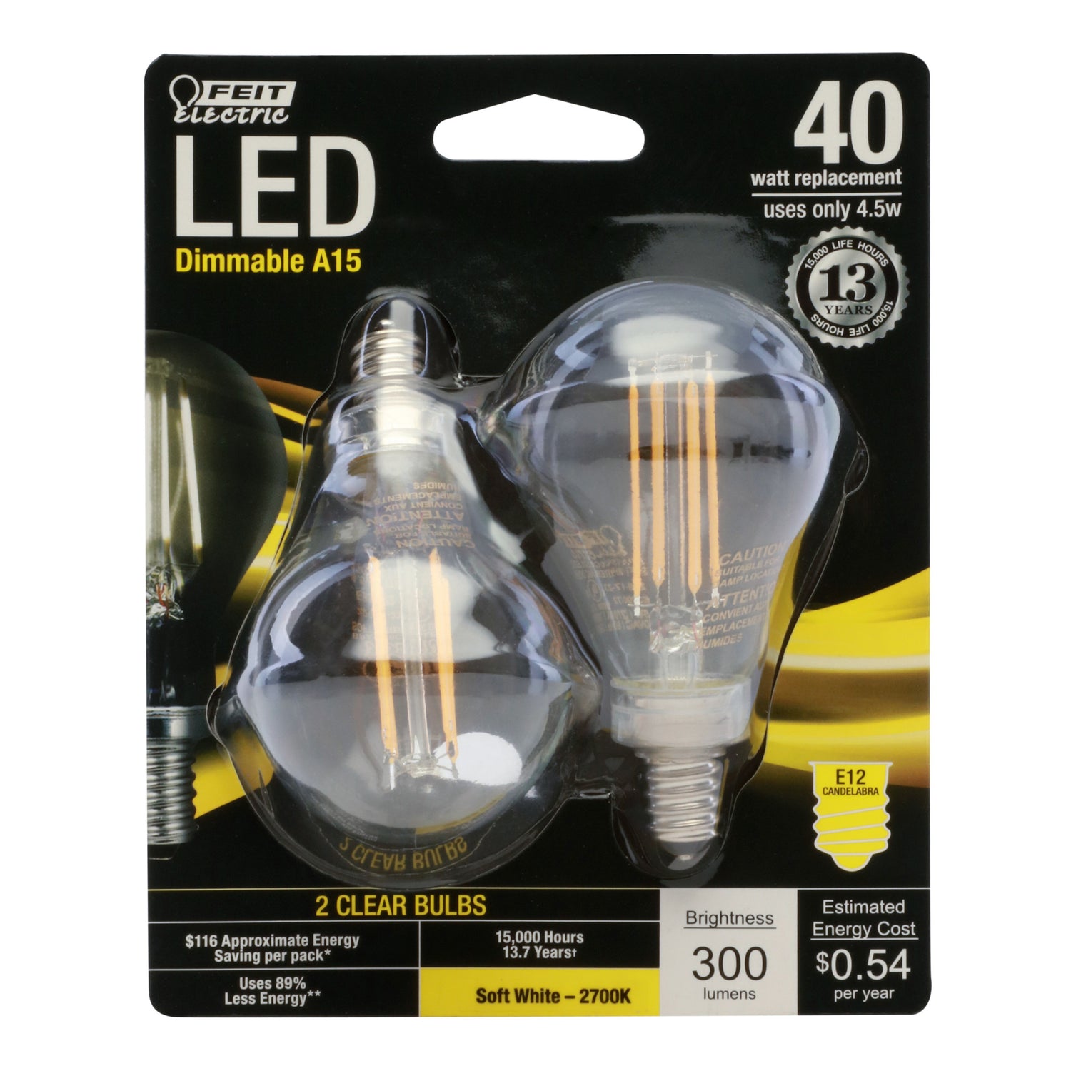 40W Replacement A15 Candelabra Base Dimmable Soft White Glass Filament (2-Pack)