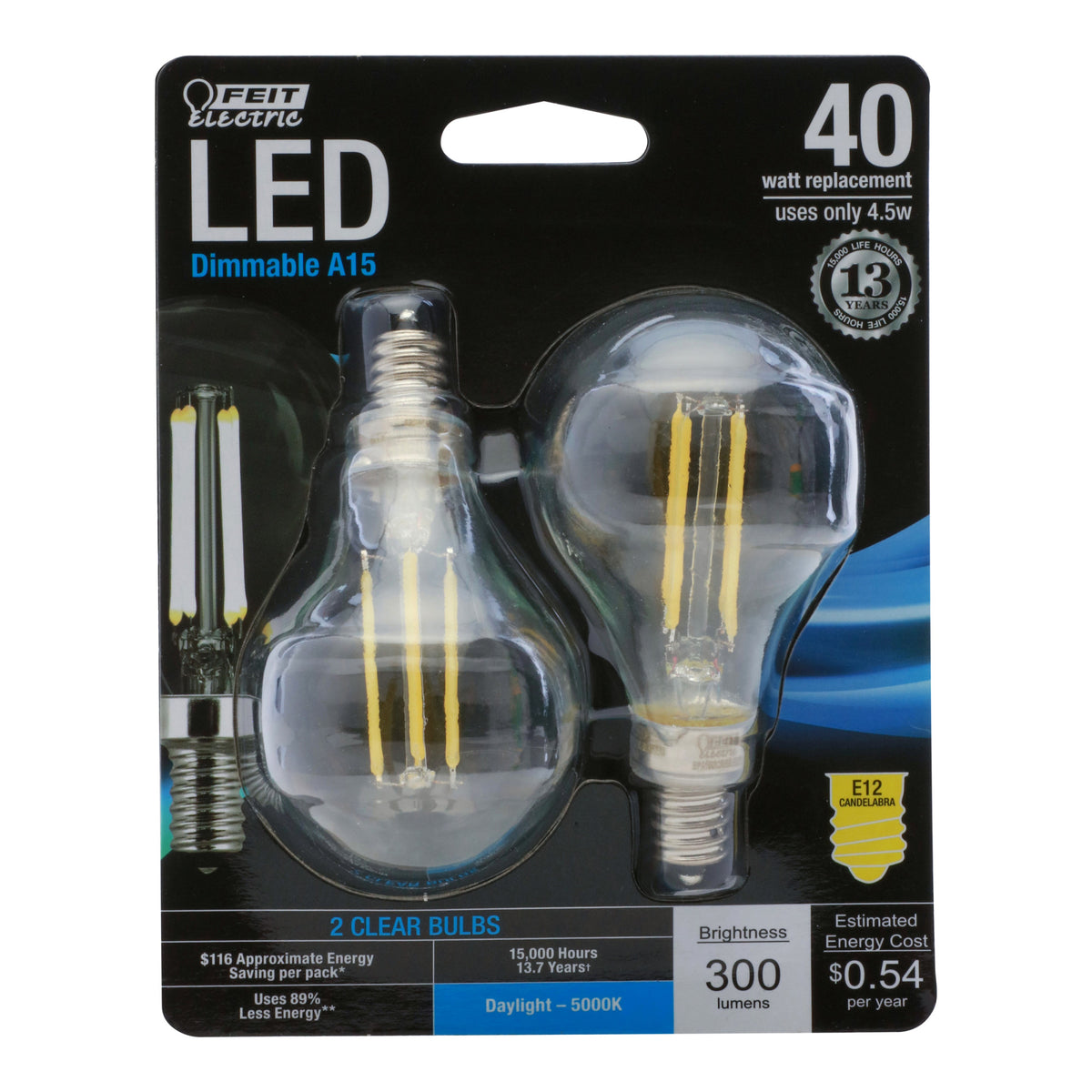 4.5W (40W Replacement) Daylight (5000K) E12 Candelabra Base A15 Dimmable Glass Filament LED (2-Pack)