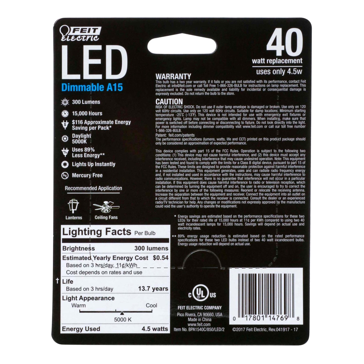 4.5W (40W Replacement) Daylight (5000K) E12 Candelabra Base A15 Dimmable Glass Filament LED (2-Pack)