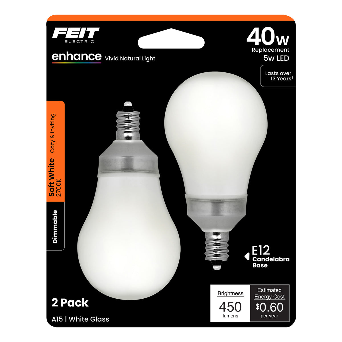 40W Replacement A15 Candelabra Base Soft White Enhance LED (2-Pack)