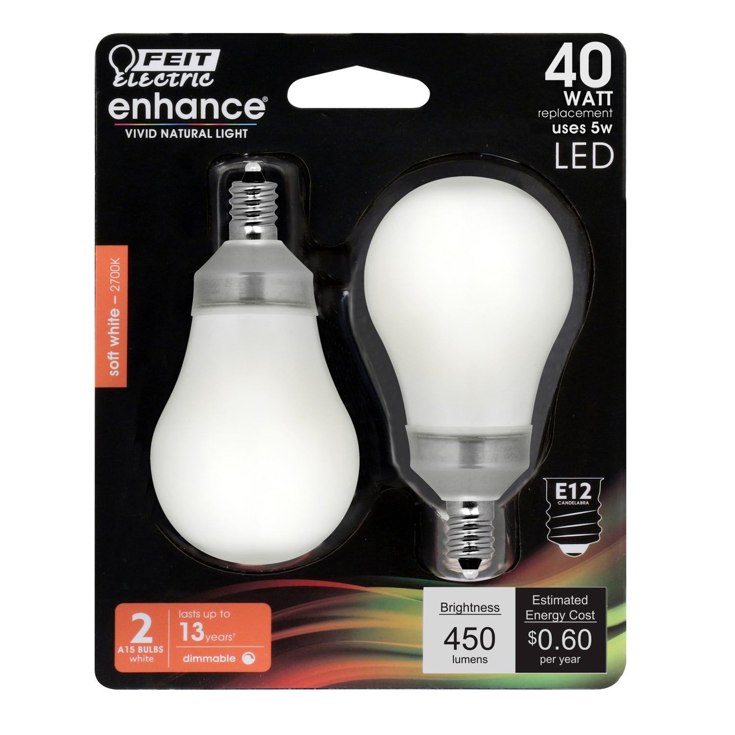 40W Replacement A15 Candelabra Base Soft White Enhance LED (2-Pack)