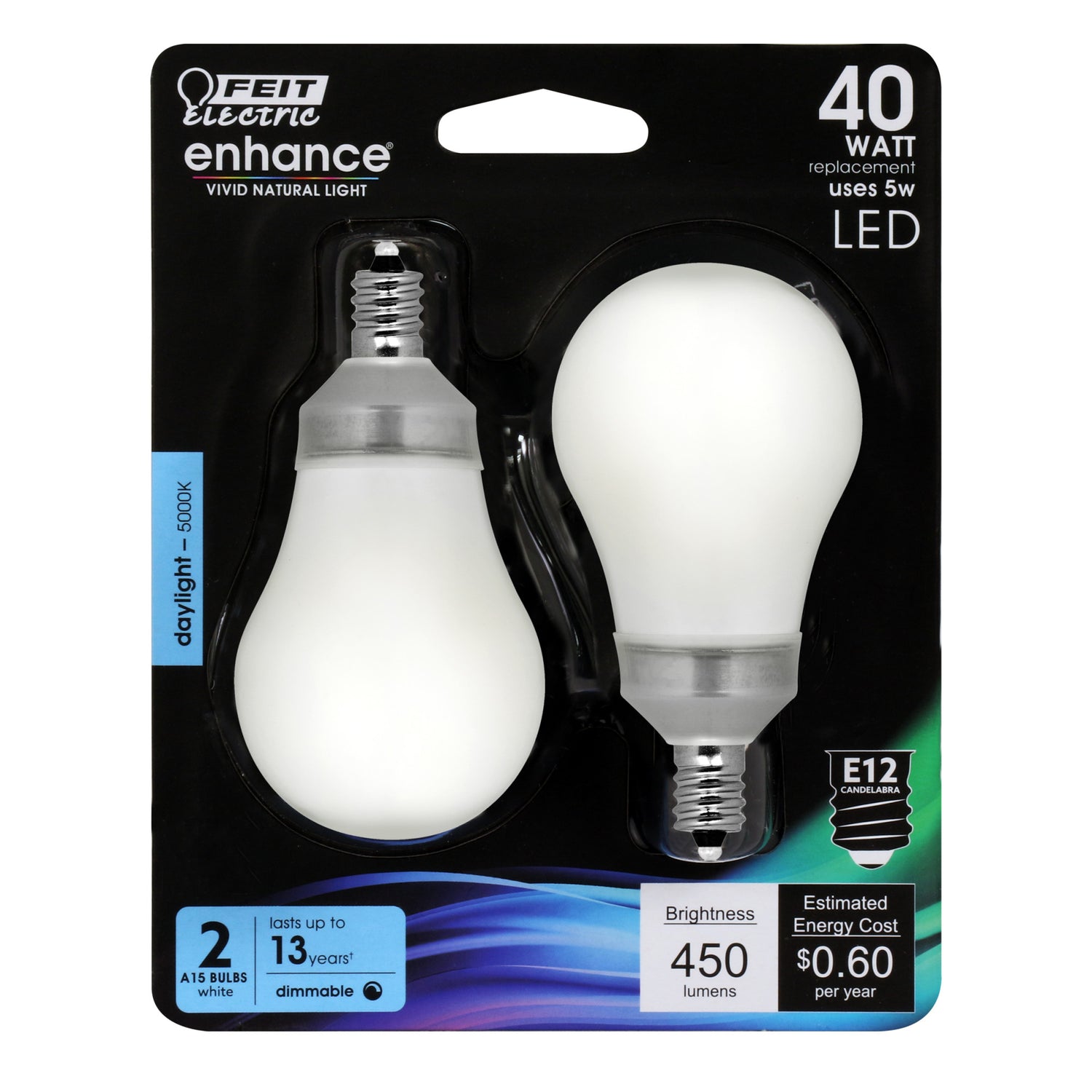 5W (40W Replacement) Daylight (5000K) E12 Candelabra Base A15 Enhance LED (2-Pack)