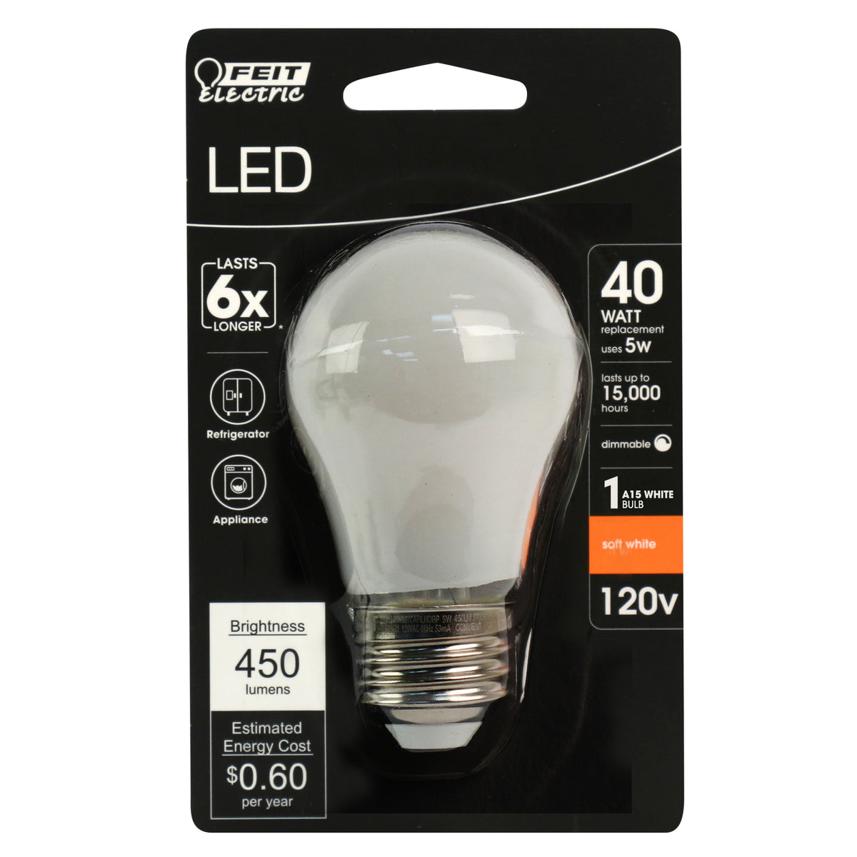 5W (40W Replacement) Soft White (2700K) E26 Base A15 Frosted Glass Appliance LED Light Bulb