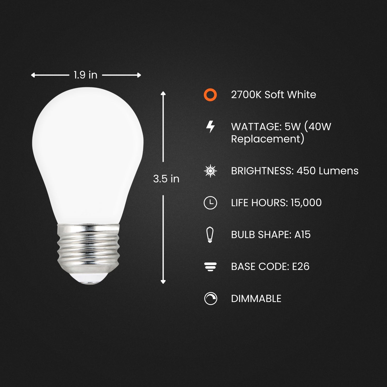 5W (40W Replacement) Soft White (2700K) E26 Base A15 Frosted Glass Appliance LED Light Bulb