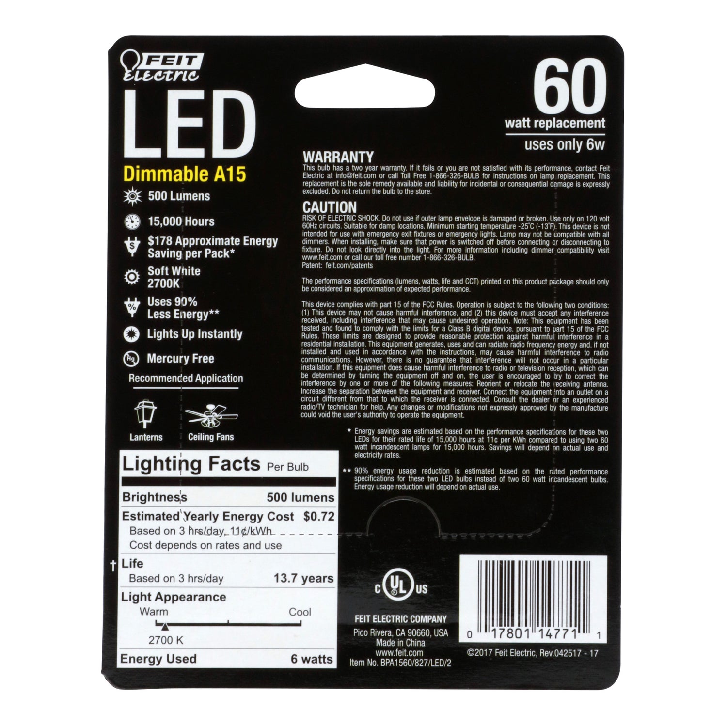 60W Replacement A15 Dimmable Soft White Glass Filament (2-Pack) - Feit Electric