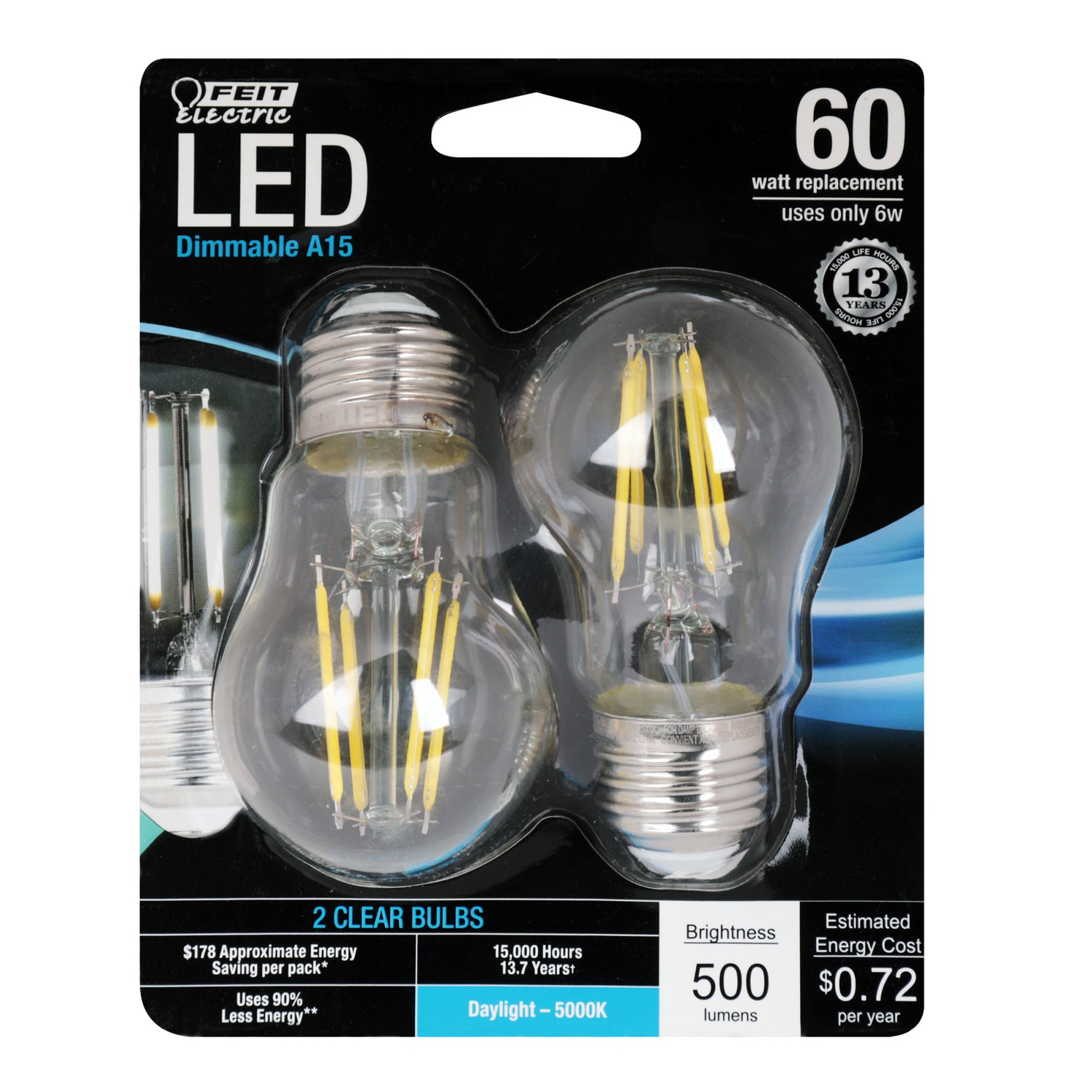 60W Replacement A15 Dimmable Daylight Glass Filament (2-Pack) - Feit Electric