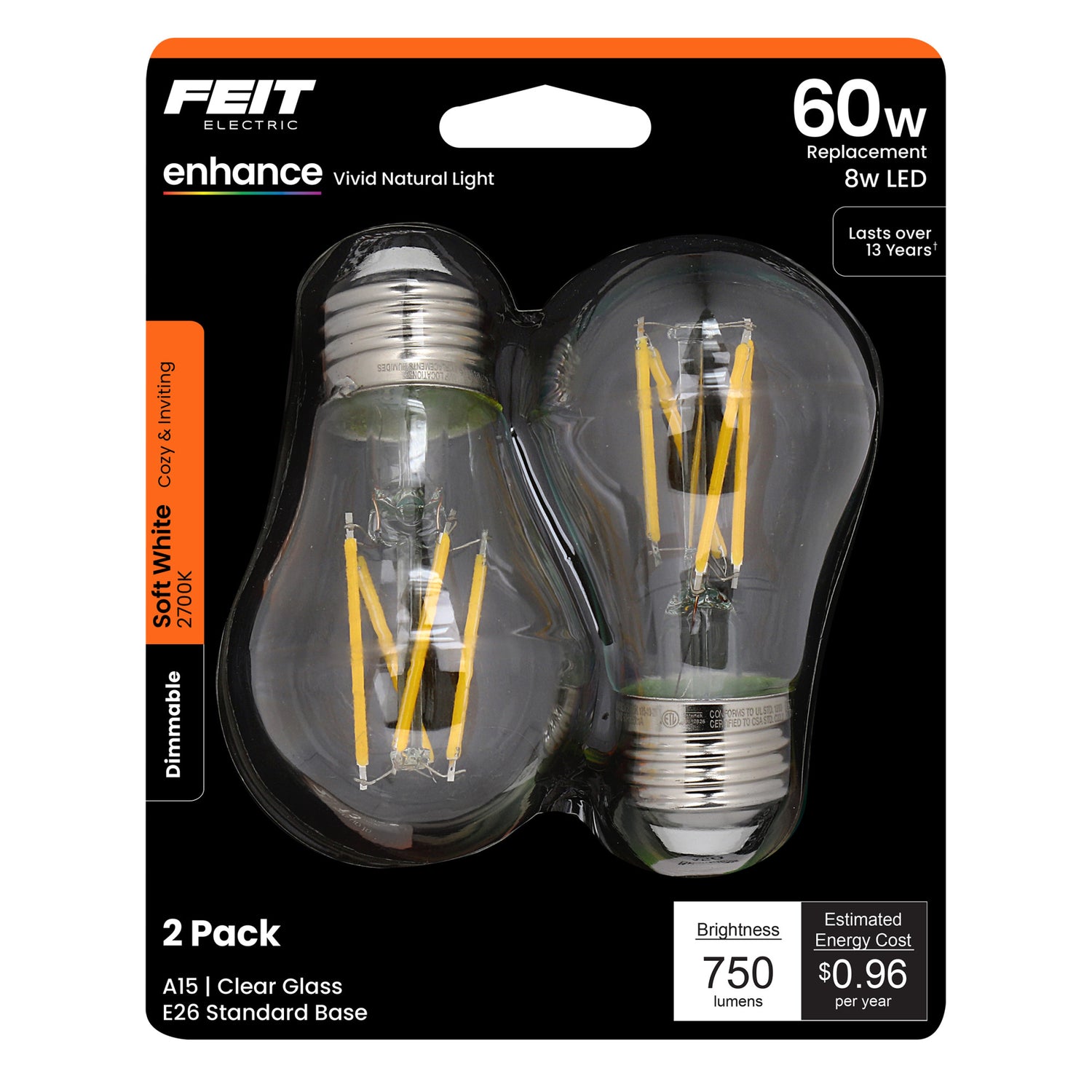 8W (60W Replacement) Soft White (2700K) E26 Base A15 Dimmable Enhance Glass Filament (2-Pack)