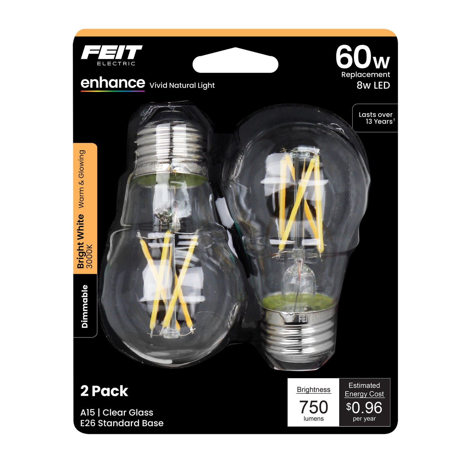 8W (60W Replacement) Bright White (3000K) A15 Dimmable Enhance Glass Filament LED (2-Pack)