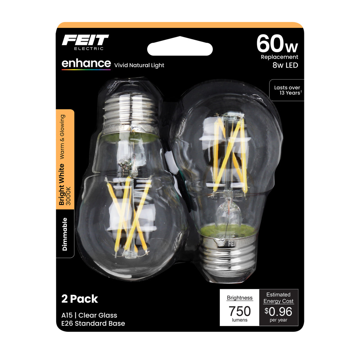 8W (60W Replacement) Bright White (3000K) A15 Dimmable Enhance Glass Filament LED (2-Pack)