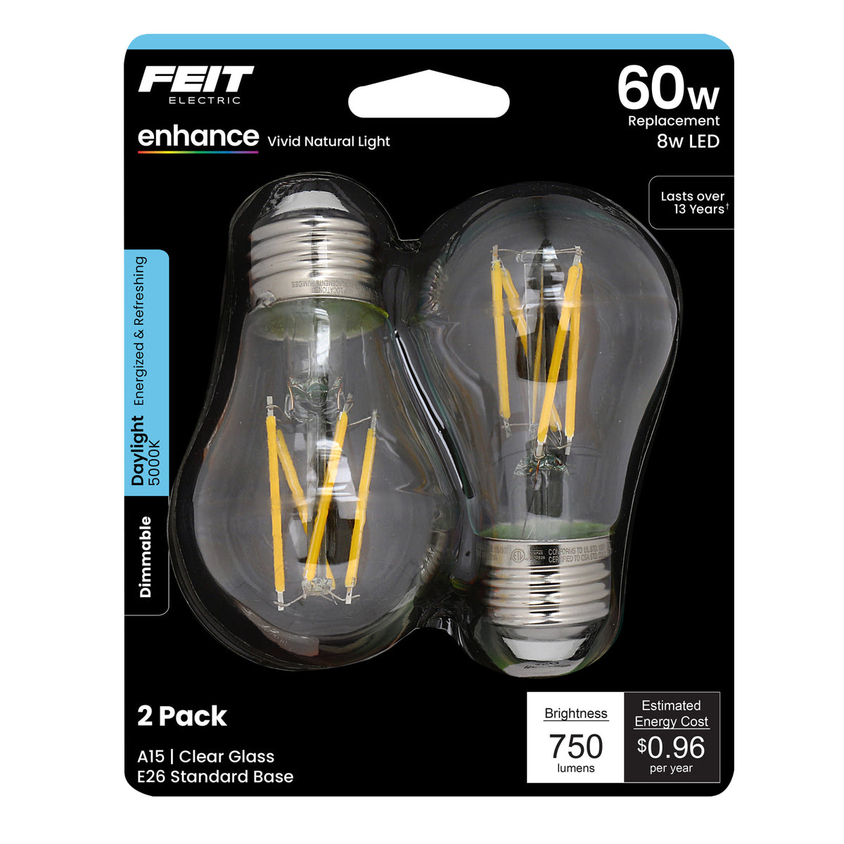 8.3W (60W Replacement) Daylight (5000K) E26 Base A15 Dimmable Enhance Glass Filament (2-Pack)