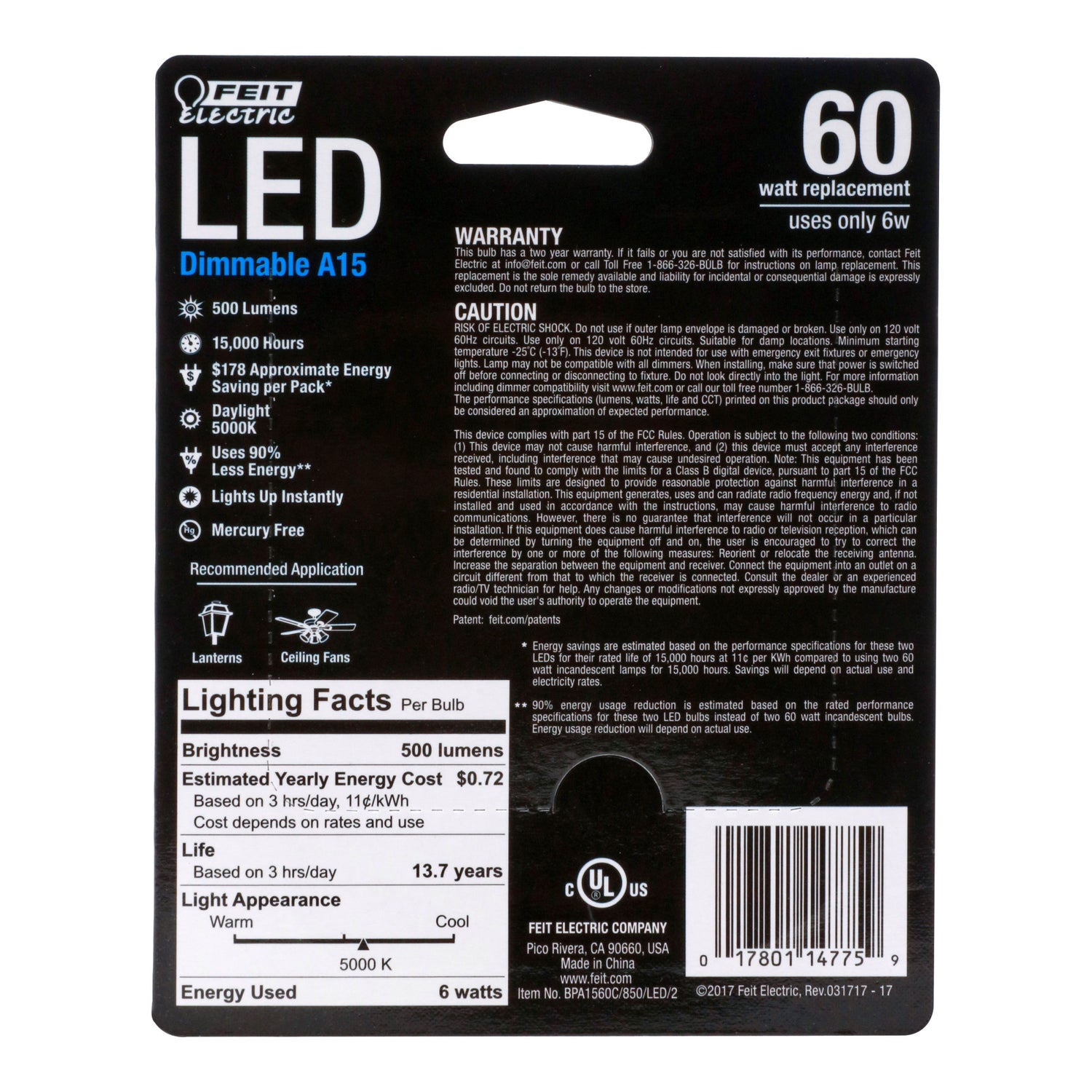 60W Replacement A15 Candelabra Base Dimmable Daylight Glass Filament (2-Pack)