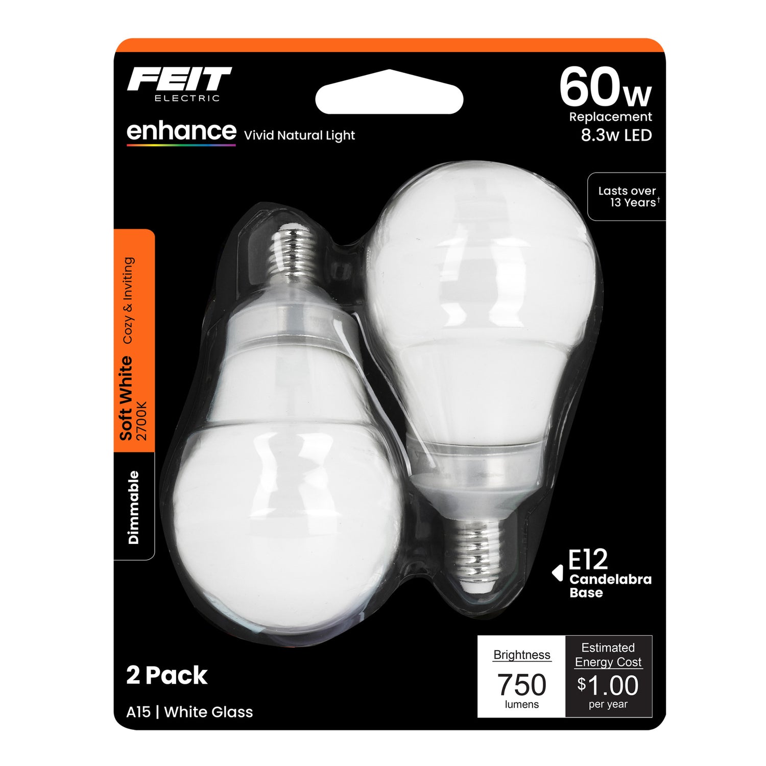 60W Replacement A15 Candelabra Base Dimmable Soft White Glass Filament Enhance (2-Pack)