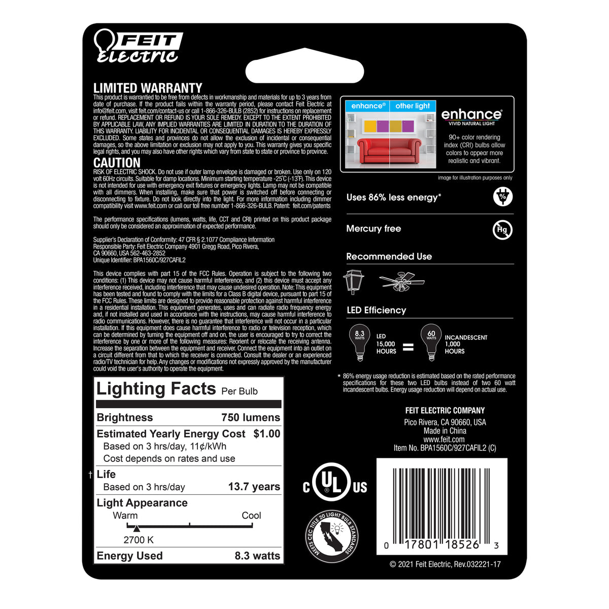 8.3W (60W Replacement)  Soft White (2700K) A15 E12 Base Filament LED (2-Pack)