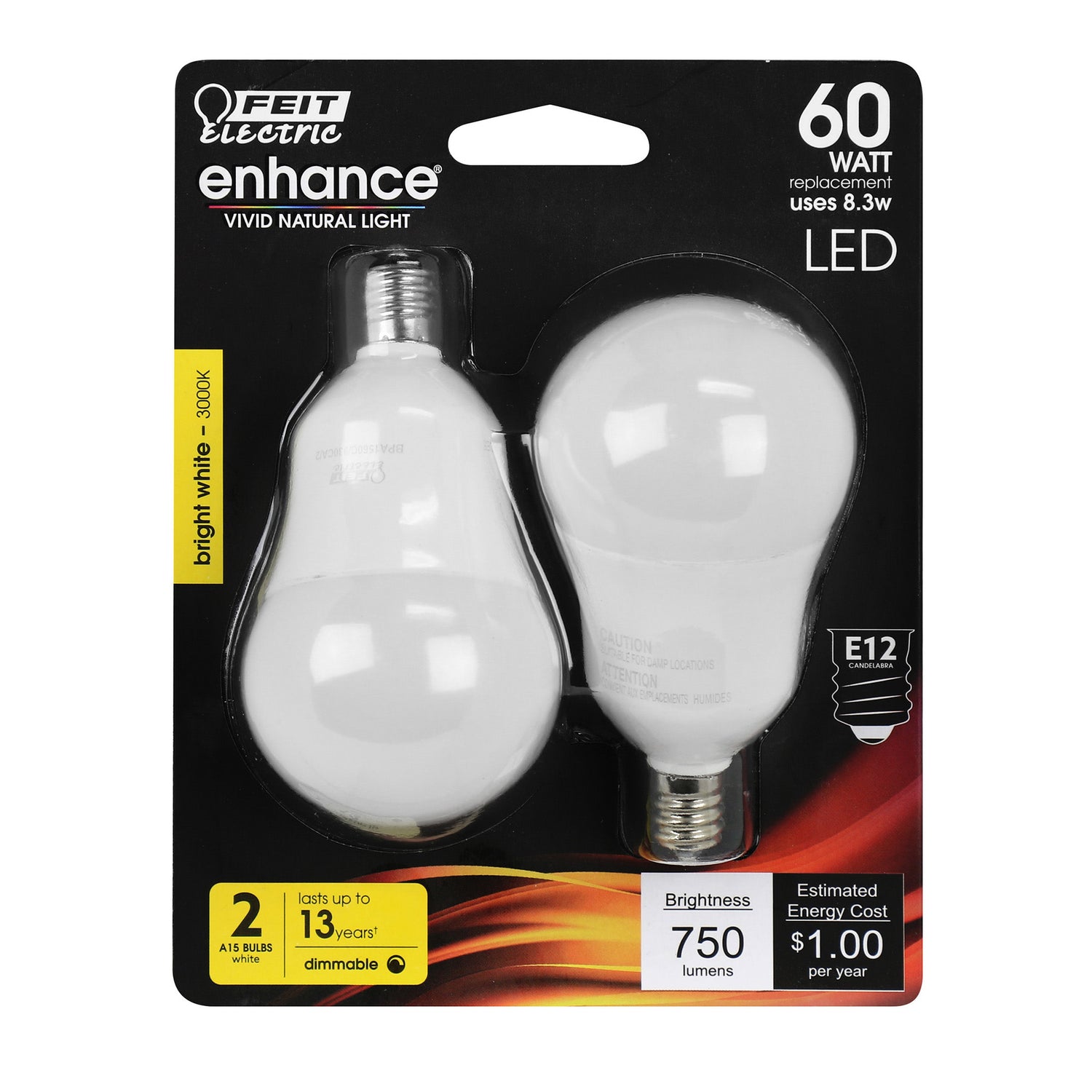 8.3W (60W Replacement) Bright White (3000K) A15 E12 Base Frosted Dimmable Enhance LED Candelabra Bulb (2-Pack)