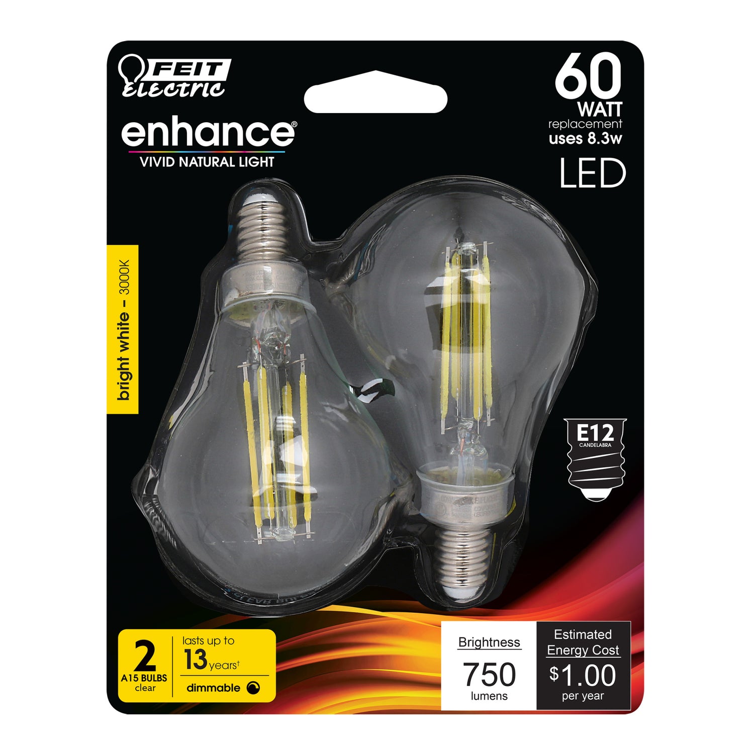 8.3W (60W Replacement) Bright White (3000K) E12 Base A15 Filament LED Bulb (2-Pack)