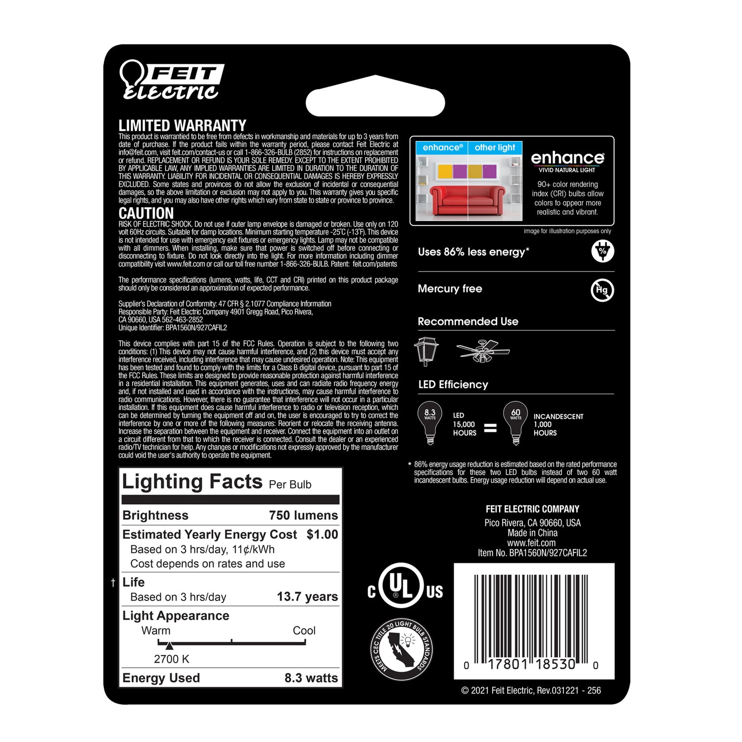 8.3W (60W Replacement) Soft White (2700K) E17 Base A15 Filament LED (2-Pack)