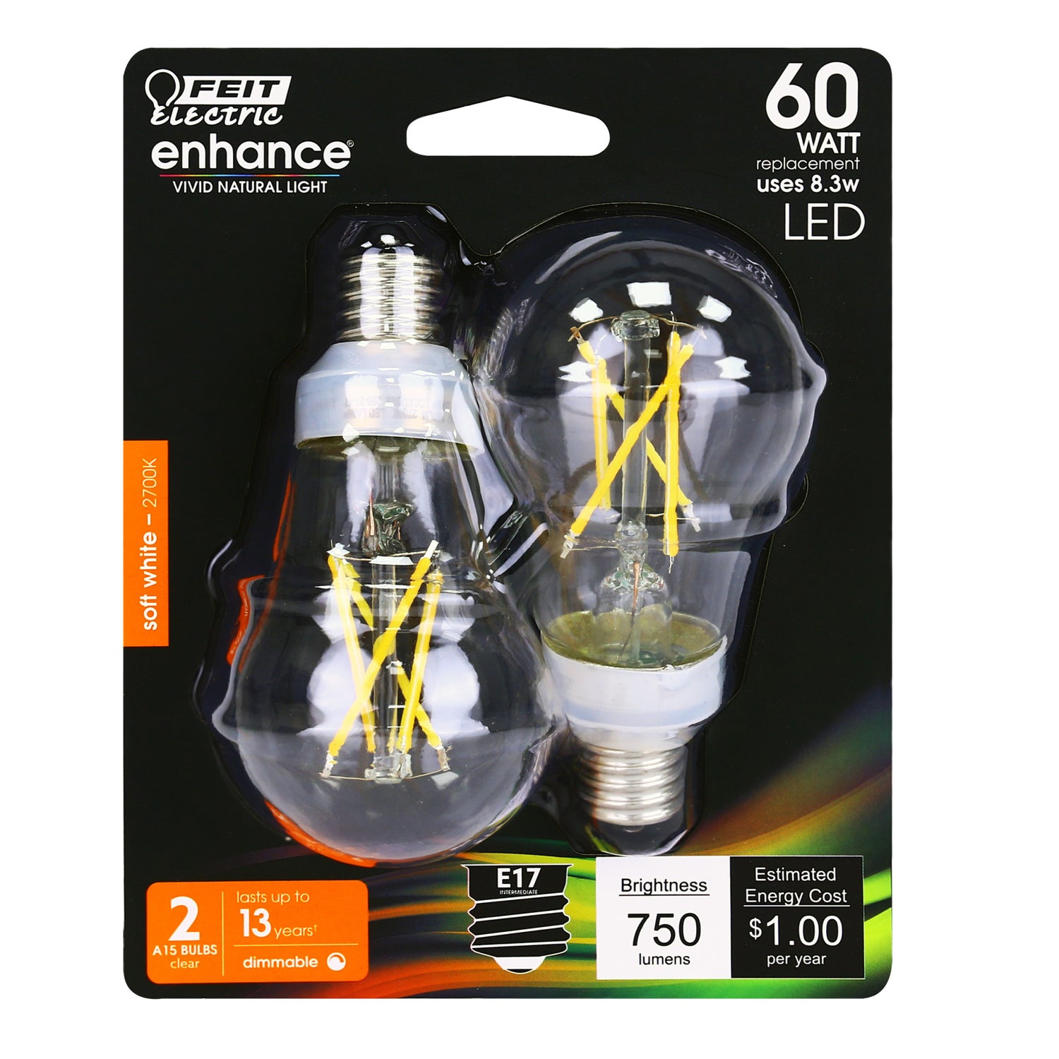 8.3W (60W Replacement) Soft White (2700K) E17 Base A15 Filament LED (2-Pack)