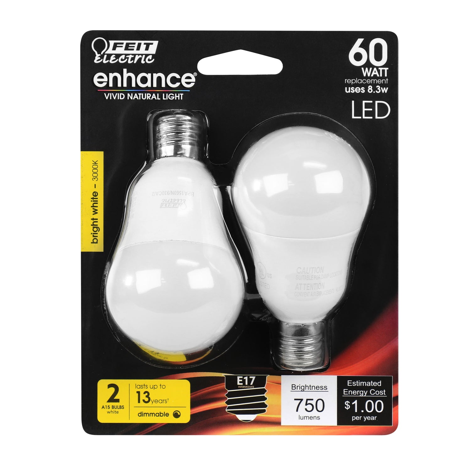 8.3W (60W Replacement) Bright White (3000K) A15 (E17 Base) Frosted Enhance LED Light Bulb (2-Pack)