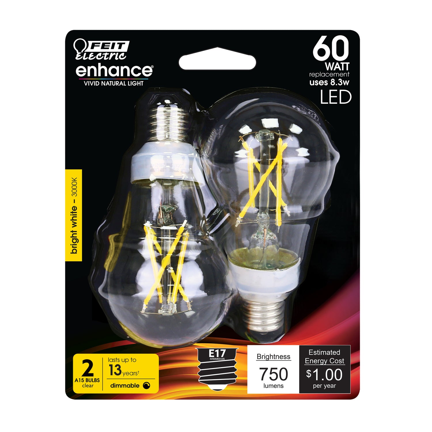 8.3W (60W Replacement) Bright White (3000K) E17 Base A15 Filament LED Bulb (2-Pack)