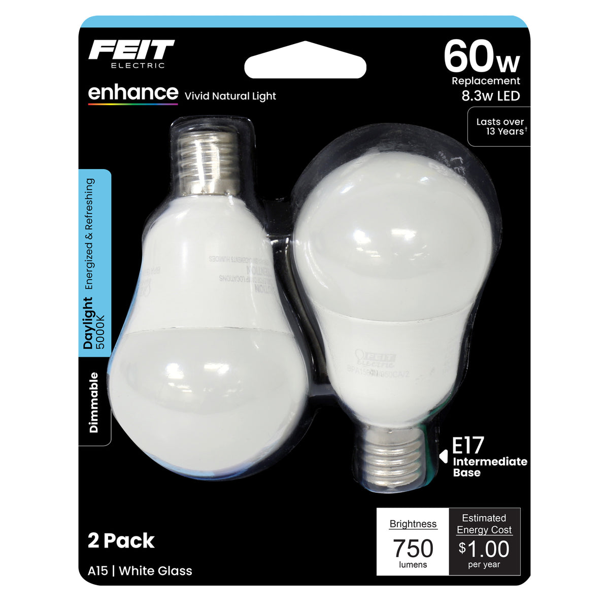 60W Replacement A15 Intermediate Base Dimmable Daylight Glass Filament Enhance (2-Pack)