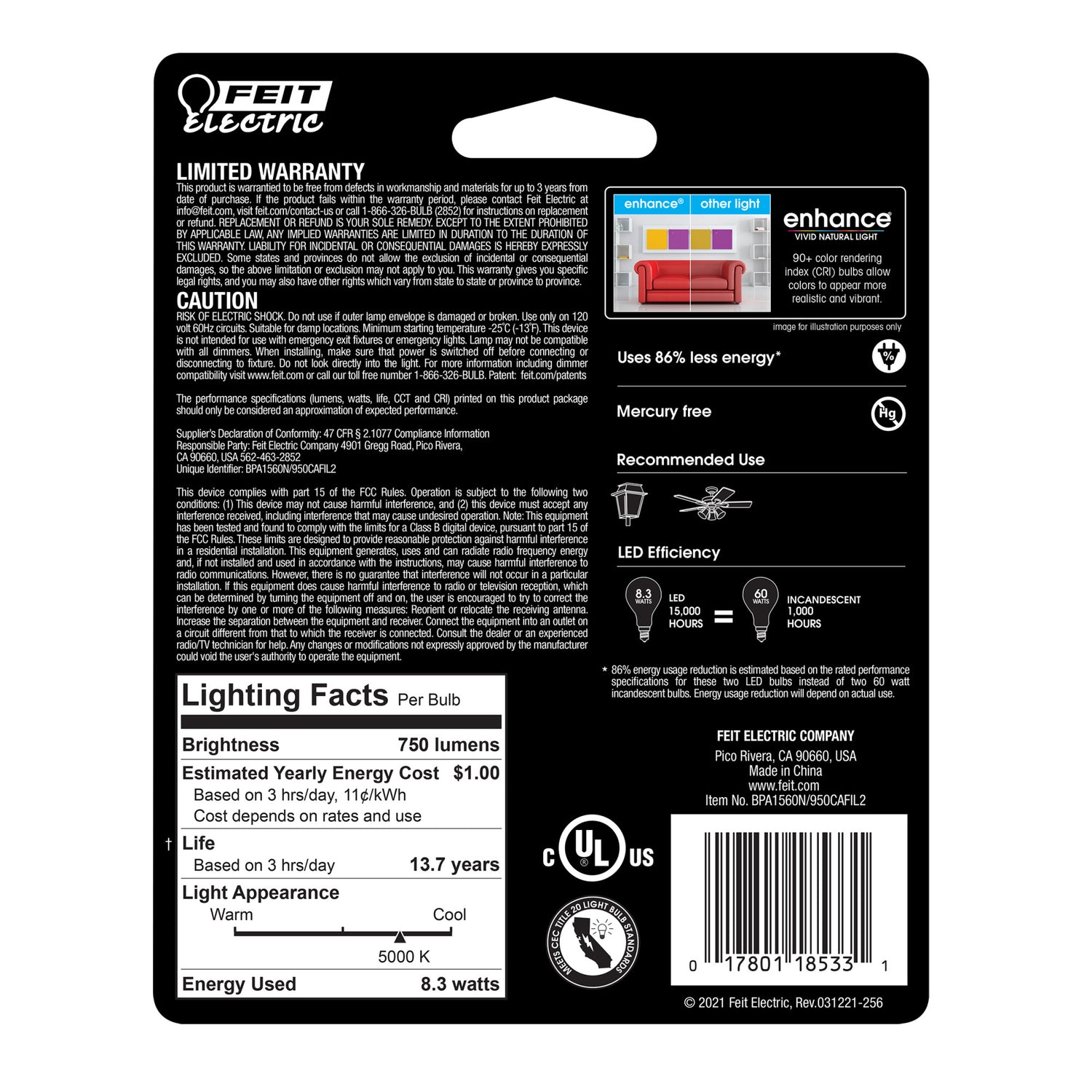 60W Replacement E17 Base A15 Daylight Filament LED