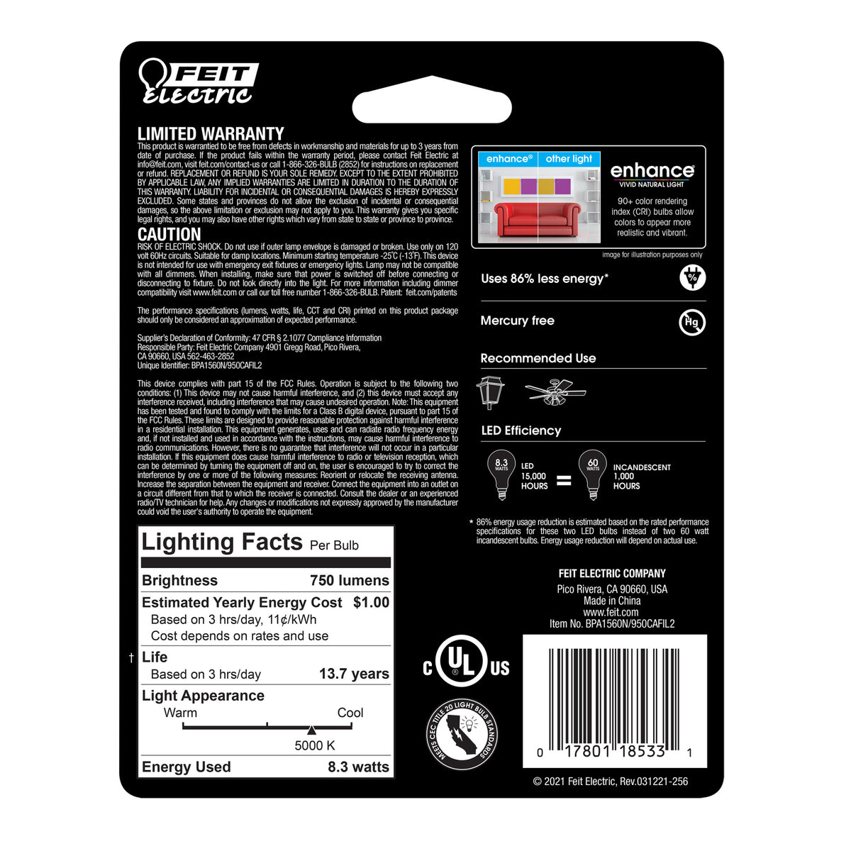 60W Replacement E17 Base A15 Daylight Filament LED