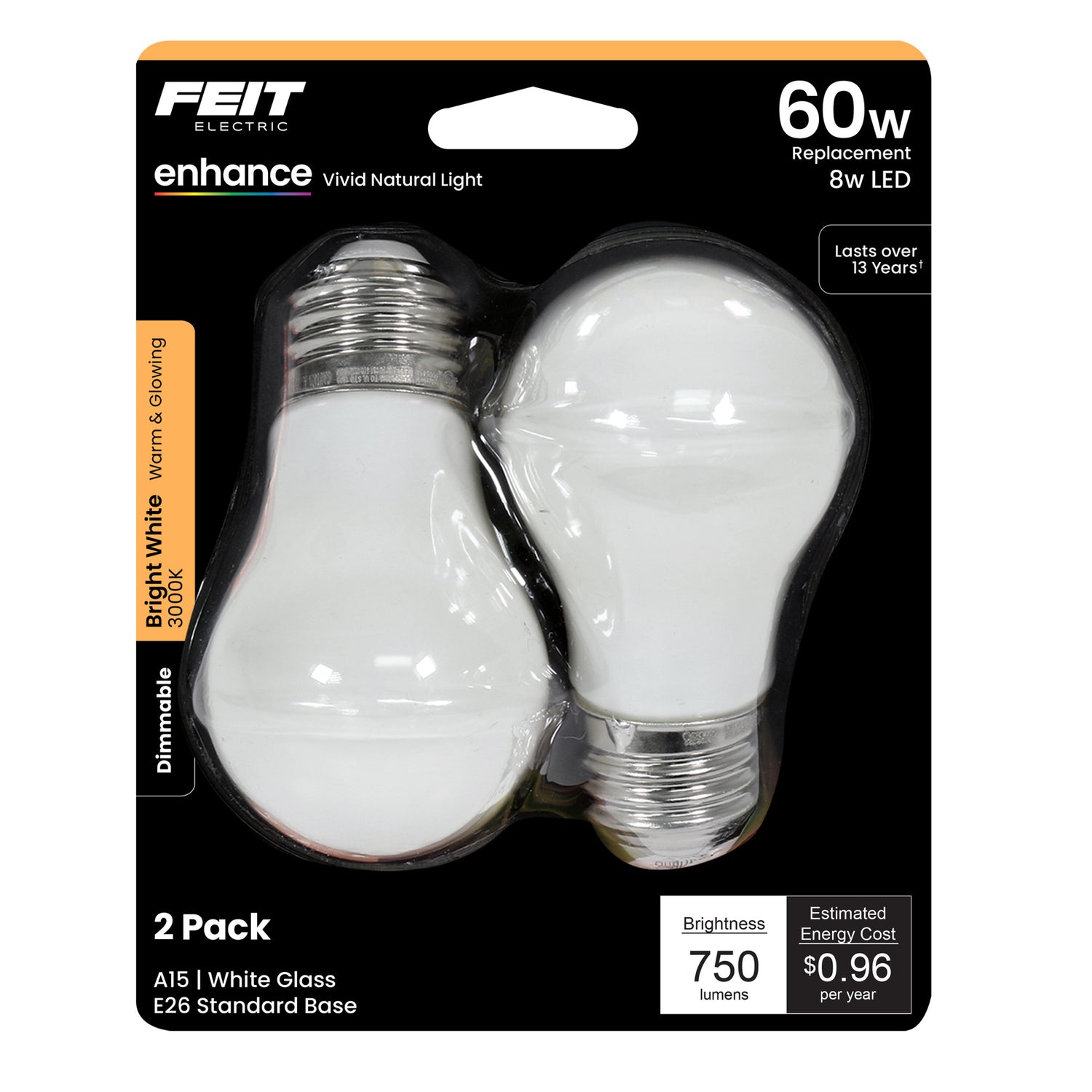 8W (60W Replacement) Bright White (3000K) A15 Dimmable Filament White Glass LED Light Bulb (2-Pack)