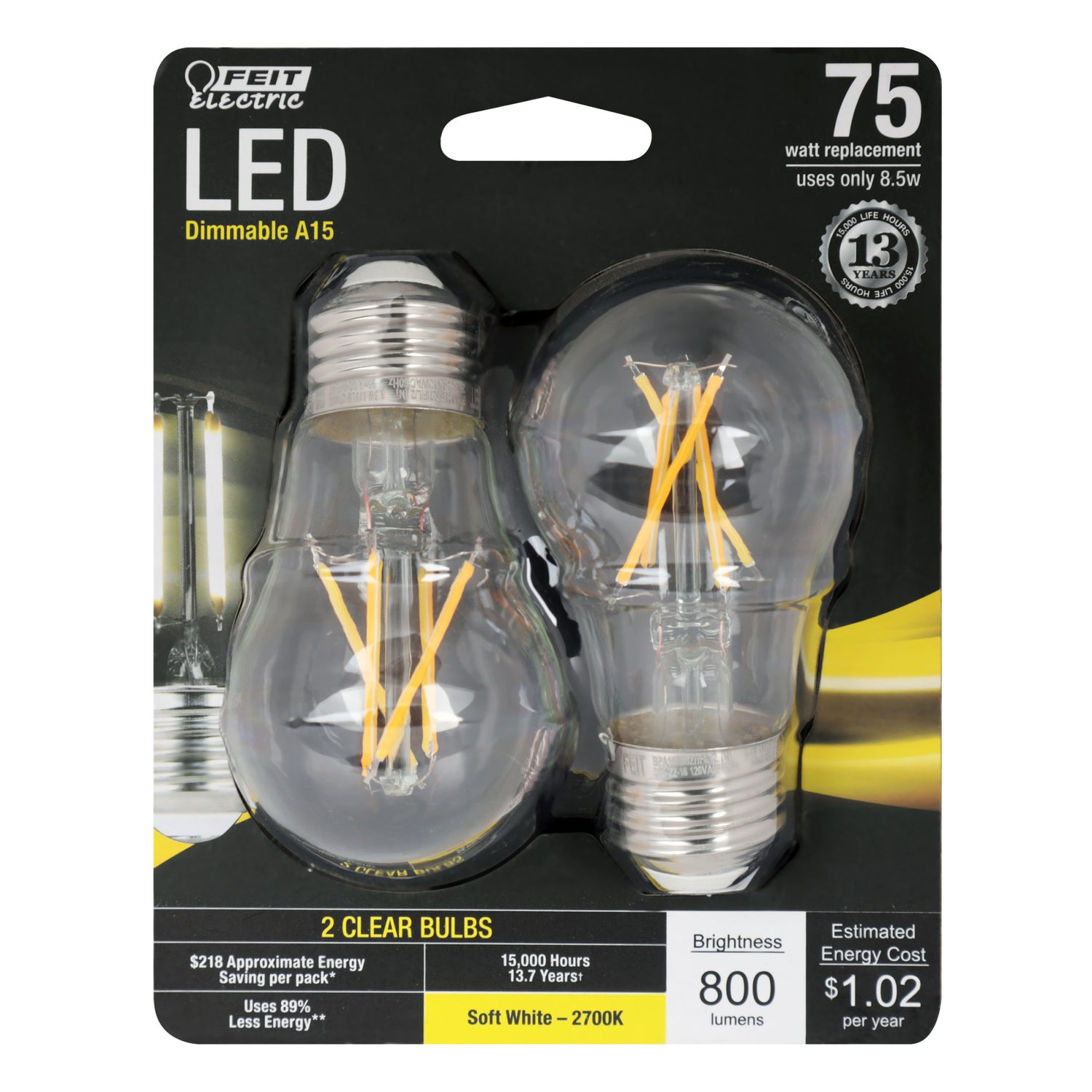 75W Replacement A15 Dimmable Soft White Enhance Glass Filament (2-Pack)