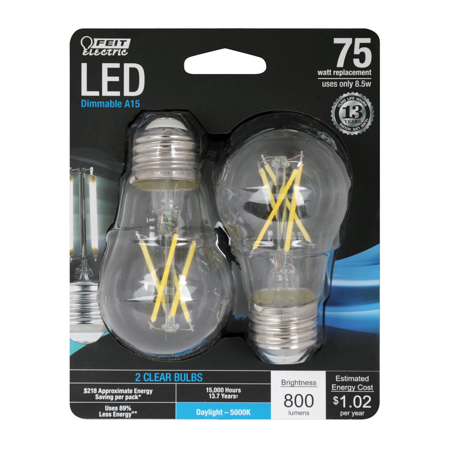8.5W (75W Replacement) A15 Shape (E26 Base) Daylight (5000K) LED Filament Light Bulb (2-Pack)