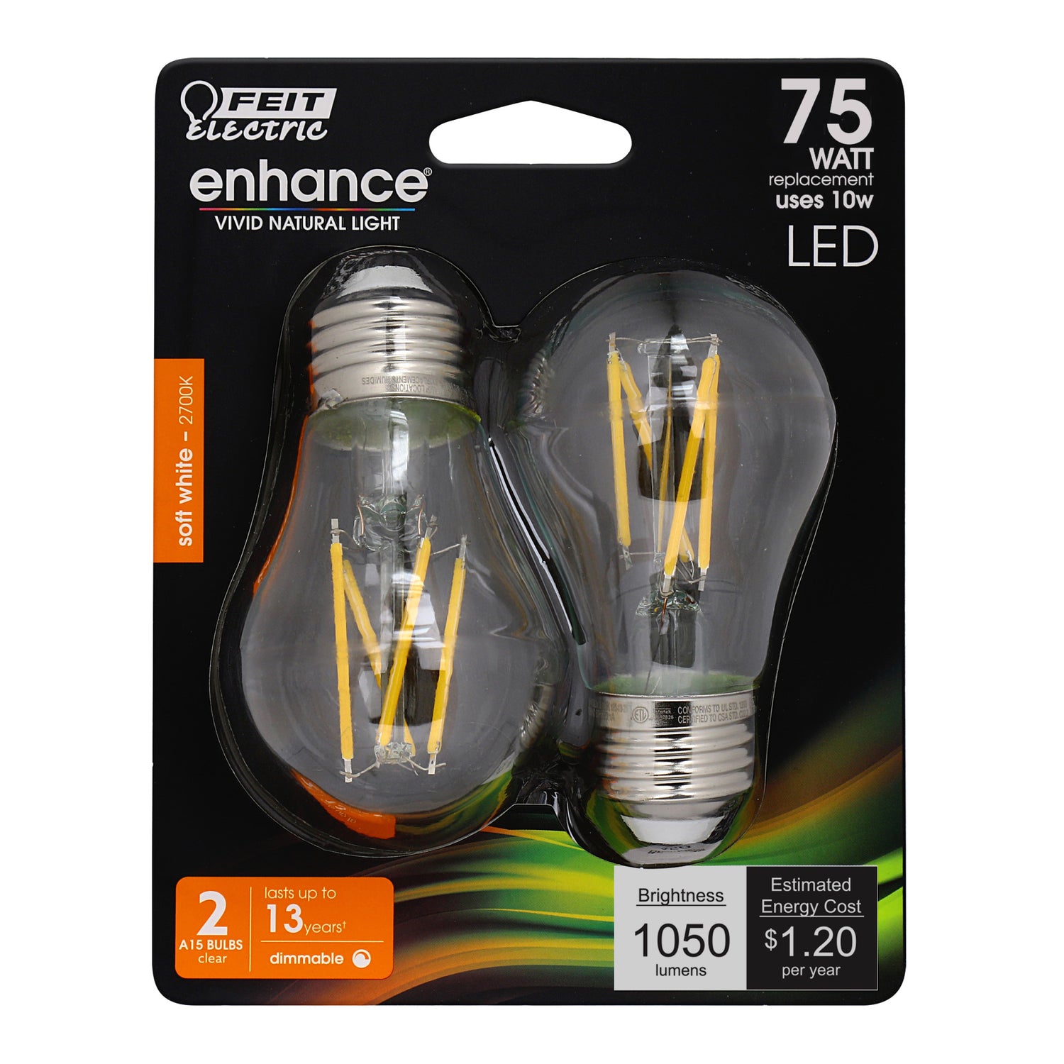 10W (75W Replacement) Soft White (2700K) E26 Base A15 Dimmable Enhance Filament LED (2-Pack)