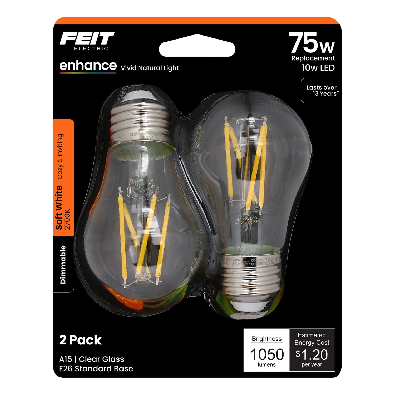 10W (75W Replacement) Soft White (2700K) E26 Base A15 Dimmable Enhance Filament LED (2-Pack)