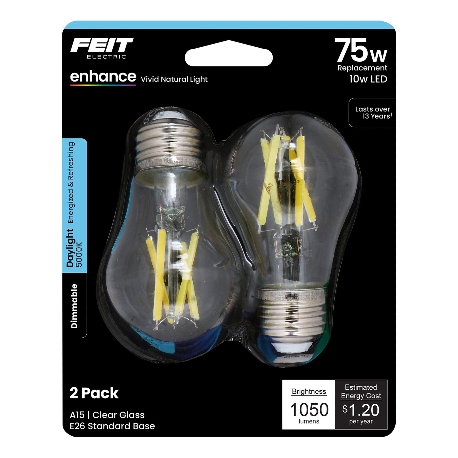 10W (75W Replacement) Daylight (5000K) E26 Base A15 Dimmable Enhance Filament LED (2-Pack)