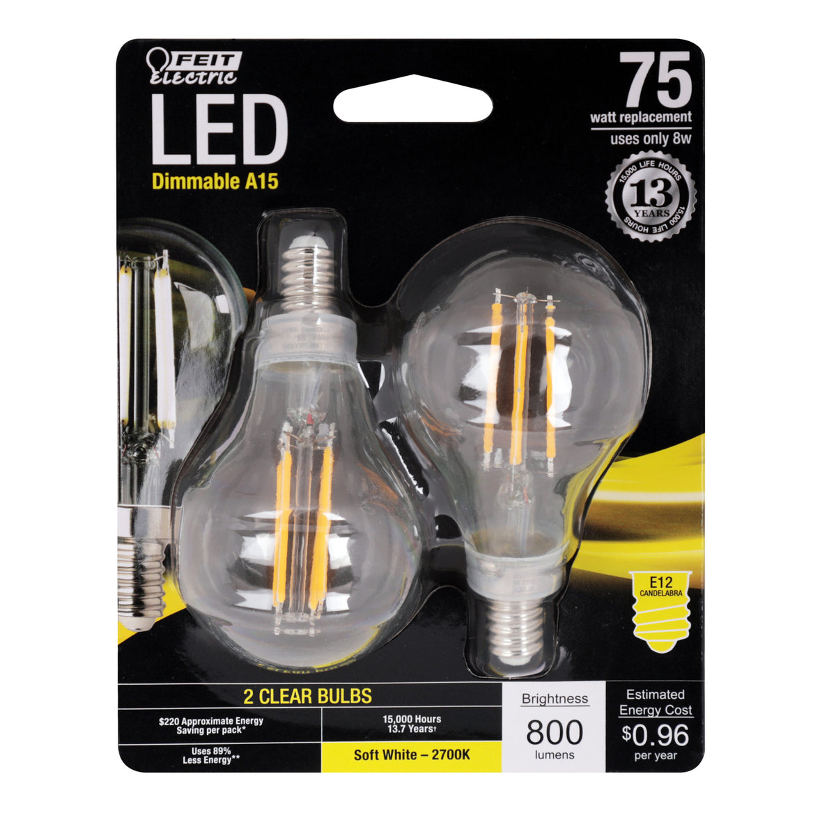 75W Replacement A15 Candelabra Base Dimmable Soft White Glass Filament (2-Pack)