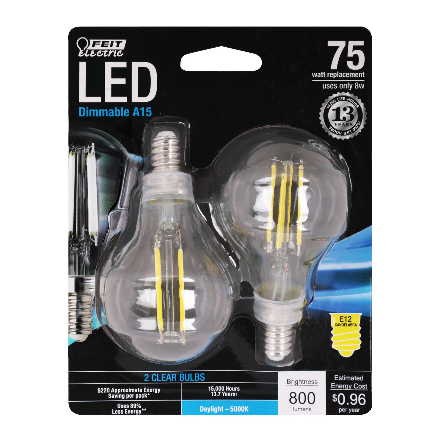 8W (75W Replacement) Daylight (5000K) E12 Base A15 Dimmable Filament LED (2-Pack)