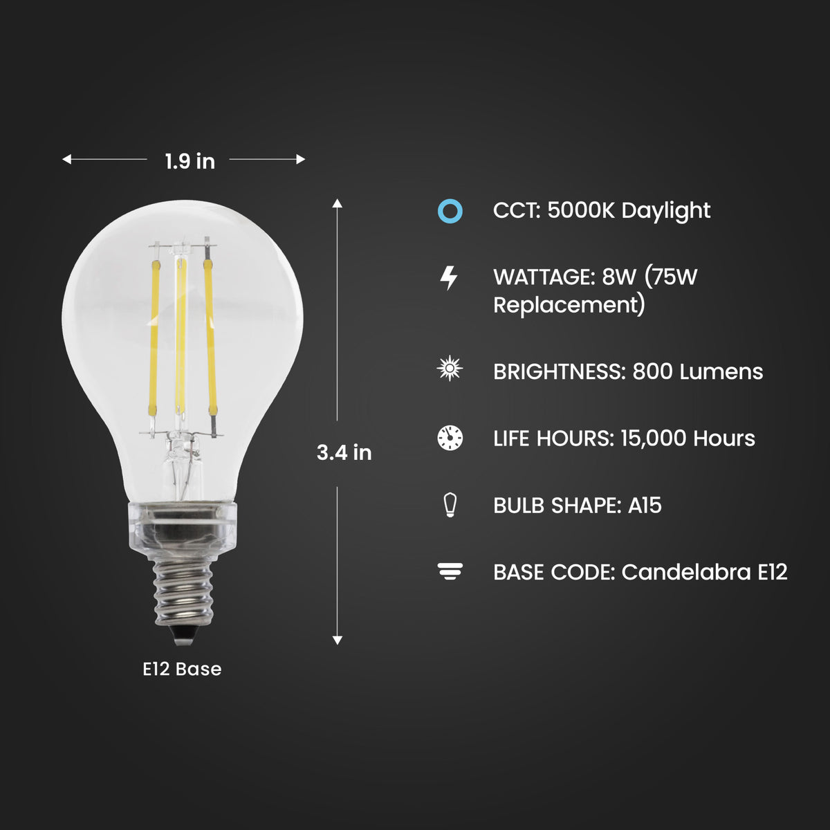 8W (75W Replacement) Daylight (5000K) E12 Base A15 Dimmable Filament LED (2-Pack)