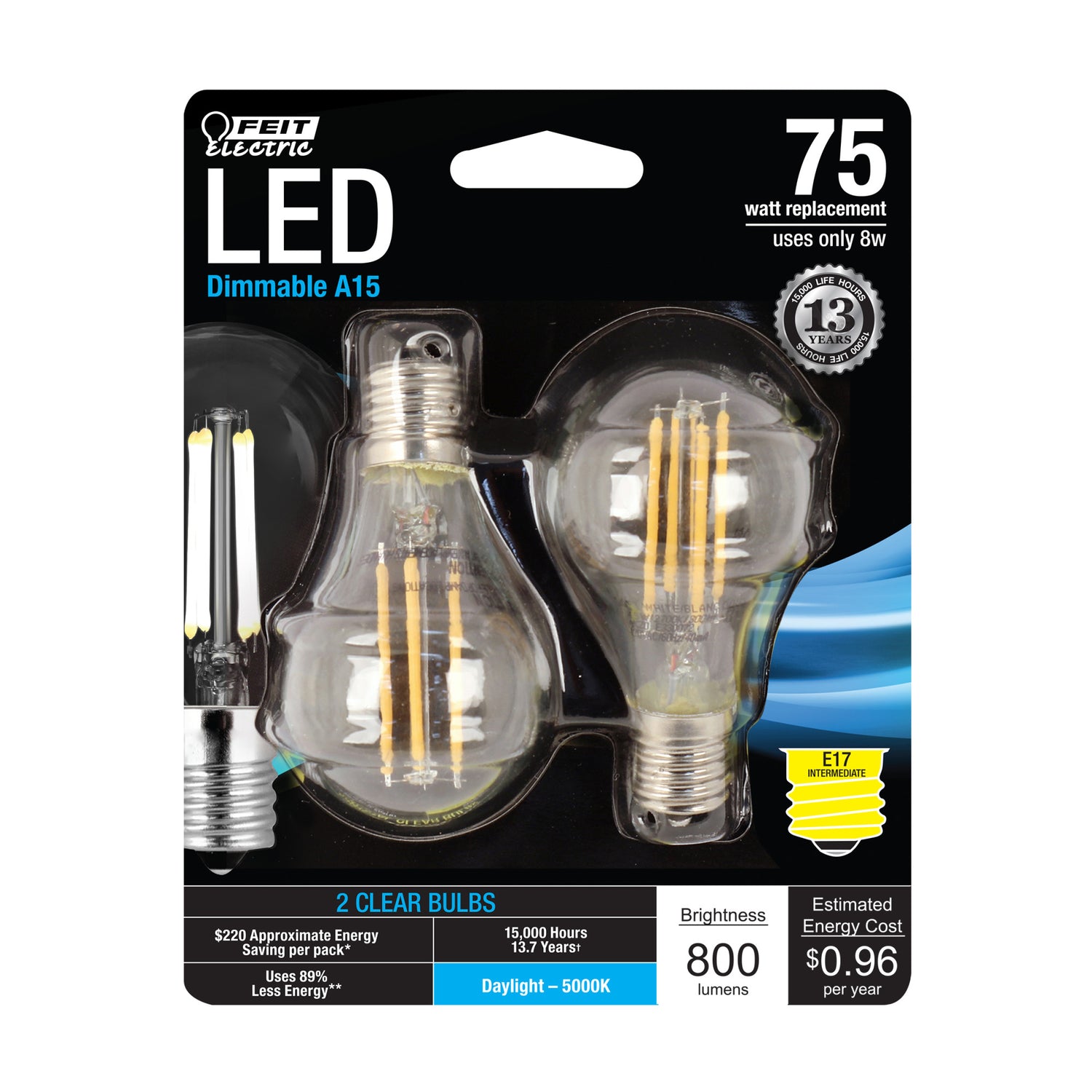 8W (75W Replacement) Daylight (5000K) E26 Base A15 Dimmable Glass Filament LED Light Bulb (2-Pack)